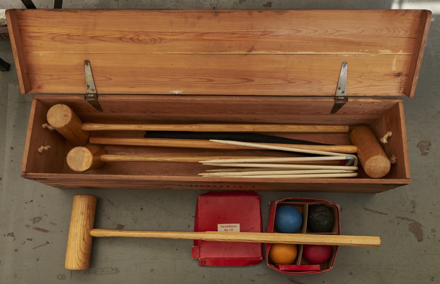 A Jacques croquet set, in deal box with rope handles Very good second hand condition