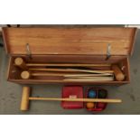 A Jacques croquet set, in deal box with rope handles Very good second hand condition