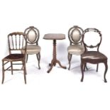Two and a pair of Victorian walnut and other chairs and a lightwood tripod table Some faults, stains