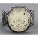 A Chinese silver filigree and cloisonné enamel cuff bracelet, first half 20th c, in three