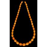 A necklace of amber beads, 62.5g