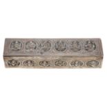 An Indian silver repousse box, c1900, 15cm l, 4ozs 8dwts Polish residues and light wear. Two pin