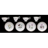 Two pairs of Samuel Alcock botanical tea and coffee cups and saucers, c1840, saucer 15cm diam,