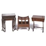 A dwarf mahogany sofa table, a contemporary reproduction mahogany Canterbury and a walnut nest of