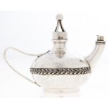 A E Jones. An Arts and Crafts silver cigar lamp, applied with laurel girdle, whiplash handle, 77mm