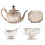 A George III silver tea service, with engraved border and reeded rim, the initial A contemporary,