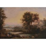 English School, 19th c - A Goatherd, Girl and Dog in a Romantic Landscape at Daybreak, oil on
