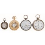Two silver lever watches, 52mm, London 1881 and Chester 1900, a silver lady's watch and a gold