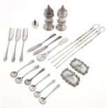 Two pairs of Chinese silver chopsticks, a pair of Continental wrythen fluted silver pepperettes