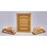 After Canova. A pair of alabaster lions, Italian, late 19th c, each lying on rectangular base,