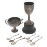 A George V silver goblet, 15cm h, by G Bryan & Co, Birmingham 1920 and another silver trophy cup and