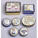 Seven English and French enamel bonbonnieres and other boxes, 18th c and later, variously painted or