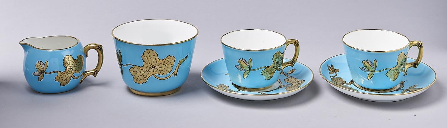 An aesthetic Minton tea set for two, 1875, moulded in shallow relief with waterlilies and bamboo