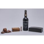 Wine. Real Companhia Vela Port, vintage 1980, one bottle, a Swiss carved walnut inkwell in the