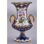 A Rockingham swan handled cobalt ground vase, c1835-42, boldly painted with a spray of richly