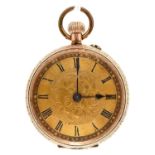 A gold keyless cylinder watch, c1900, with gilt movement and engraved dial, in foliate engraved