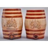Two Doulton & Watts saltglazed brown stoneware spirit barrels - BRANDY, c1850,  sprigged with