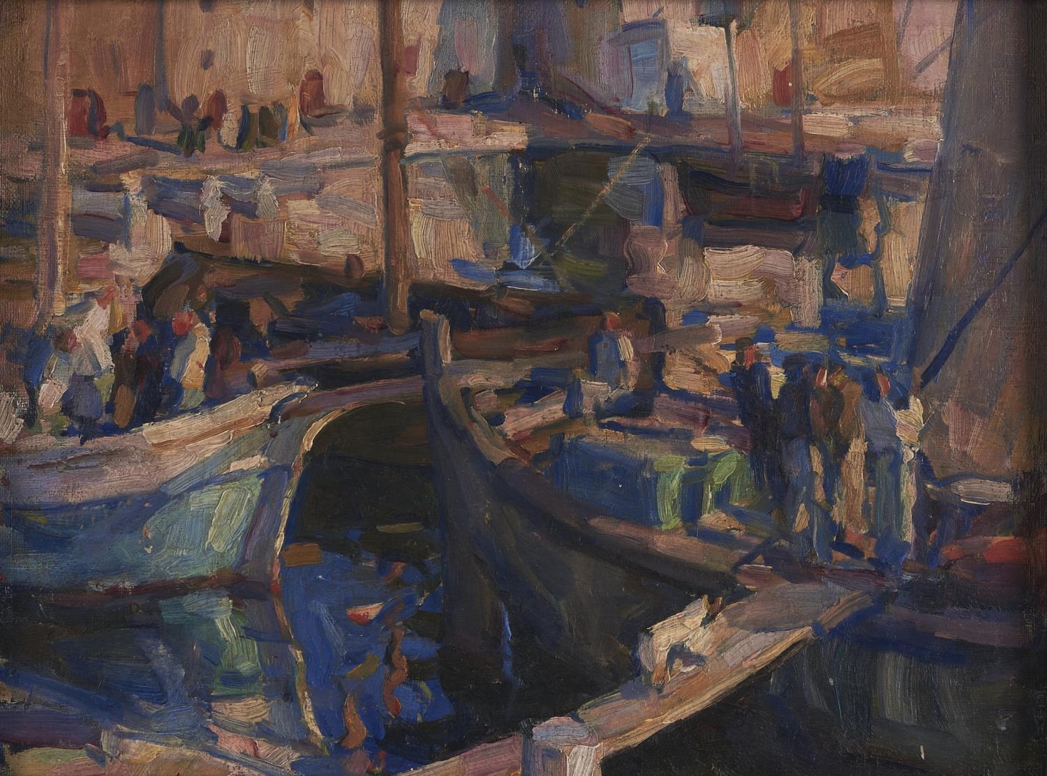 British School, early 20th c - A Crowded Harbour, oil on canvas board, 29 x 39cm Good original