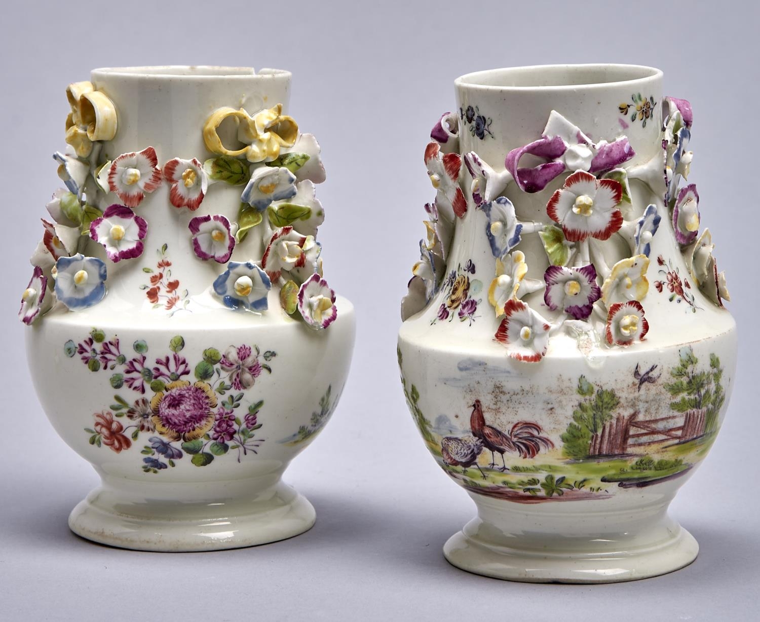 Two Derby pear shaped and floral encrusted vases, c1760-1765, finely painted by the 'Cotton-stem