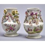Two Derby pear shaped and floral encrusted vases, c1760-1765, finely painted by the 'Cotton-stem