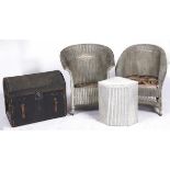 Two Lloyd Loom wicker bergeres, c1930, white painted, a similar linen basket and a cabin trunk (4)