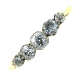 A five stone diamond ring, with old cut diamonds, in gold marked 18ct, 3.1g, size P Wear
