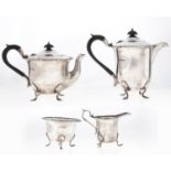 A George V four-piece silver tea service, on hoof feet, lidded jug 18cm h, by Walker & Hall Limited,