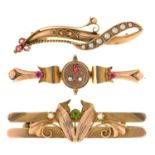 One Victorian and two Edwardian 9ct gold bar brooches, variously gem set, 42-45mm l, by various