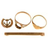 A plain  gold bar brooch,  45mm, marked 9ct, two gold rings and another gold article, 6.2g (4)