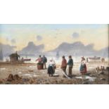 F. Robert - Bringing Home the Catch, Low Tide, Figures on the Shoreline with Boats Beyond, oil on