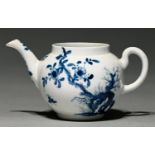 A Worcester blue and white miniature teapot, c1765-70, finely potted and painted with the Prunus