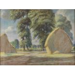 Ivor Lloyd Evans, f mid 20th century - Hayricks, signed and dated 1957, pastel, 55.5 x 74cm Good