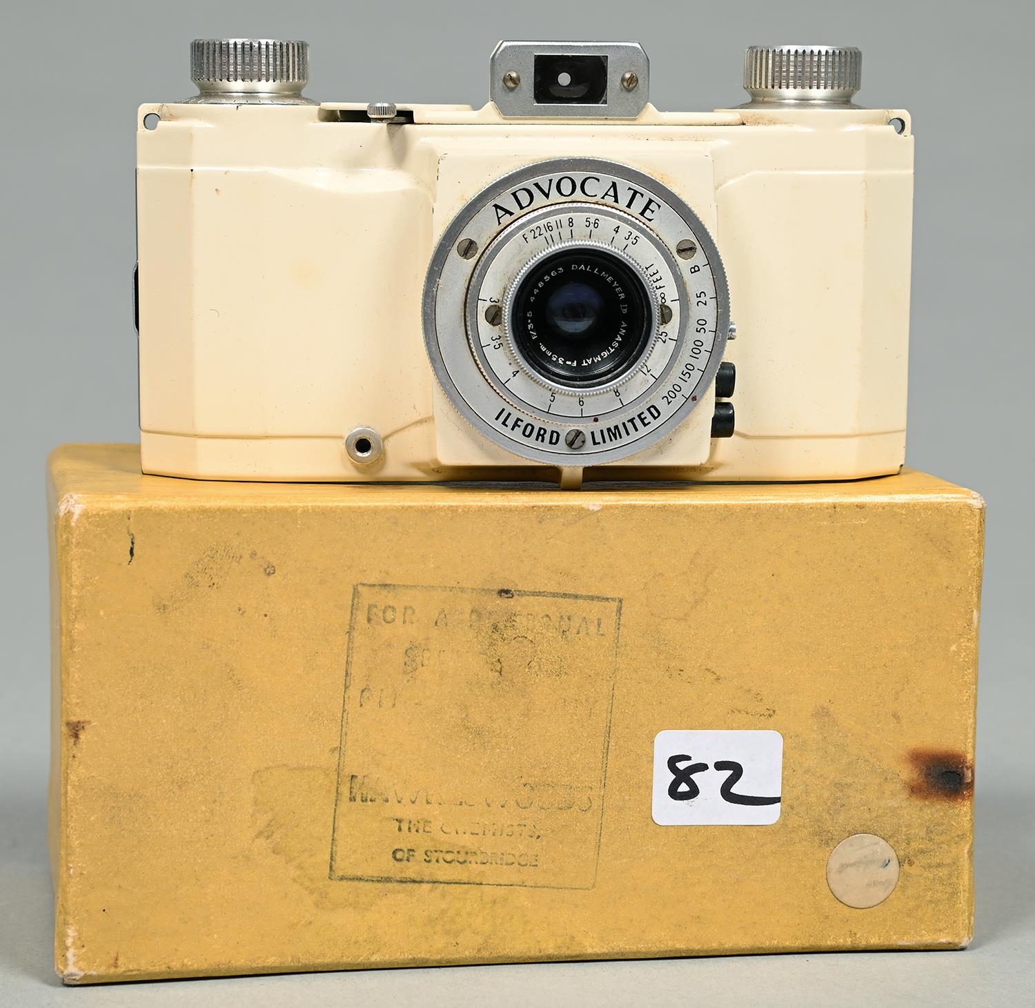 An Ilford Advocate series one roll film camera, with cream enamel finish, with F35mm Dallmeyer lens,