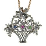A diamond, ruby, sapphire and emerald basket of flowers pendant, early 20th c, 29mm and a gold