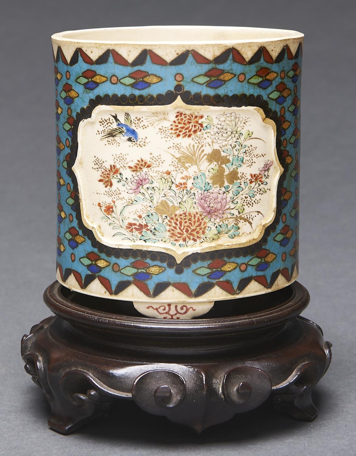 A Japanese cloisonne Satsuma brush pot, Totai, Meiji period, enamelled with flowers in sunken panels