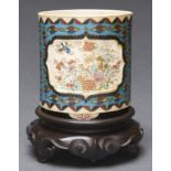 A Japanese cloisonne Satsuma brush pot, Totai, Meiji period, enamelled with flowers in sunken panels