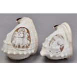 Two Italian cameo carved bull's mouth shells, 19th c, one with the Three Graces, the other with