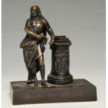 A miniature bronze statuette of John Milton, 19th century, after Peter Scheemakers, on rectangular