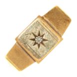 A 9ct gold signet ring, gypsy set with chip diamond, Chester 1936, 4.3g, size S Worn