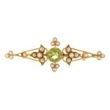 A peridot and split pearl bar brooch, c1900, in gold, 43mm, unmarked, 3.8g Very slight wear on