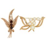 A cultured pearl and red paste fern brooch, in 9ct gold, 42mm, Birmingham 1968 and another gem set