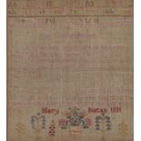 A William IV linen sampler, Mary Instan 1831, worked with the Lord's Prayer, trees and basket of