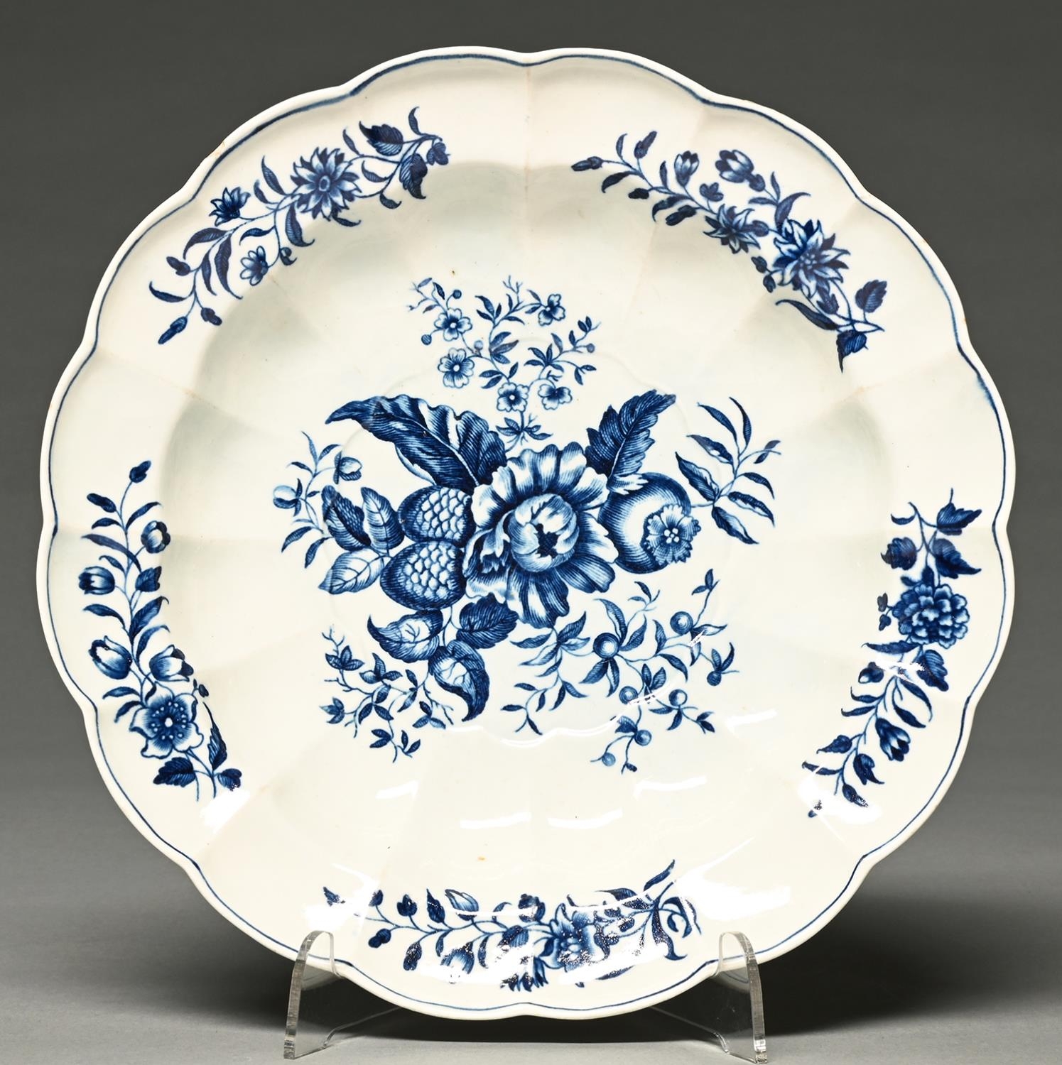 A Flight Worcester blue and white soup plate, c1790, transfer printed with the Pinecone Group