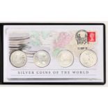 Silver coin. United Kingdom and other states five silver crown sized four coins of the world cover