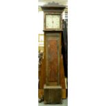 A George III oak thirty hour longcase clock, late 18th c, the painted dial with date aperture in
