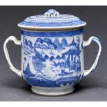 A Chinese  export  blue and white cup and cover, 19th c,  with pair of entwined handles and
