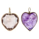 Two heart shaped amethyst and citrine pendants, in gold marked 750 or 14k Amethyst pendant scratched