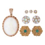Three small diamond ear studs, a pair of turquoise and gold flower ear studs, a pair of opal cluster
