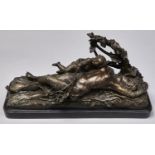 A bronzed spelter sculpture of a sleeping maiden and child reclining, beneath berried boughs, late