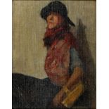 British School, 20th c - Portrait of a Woman holding a Punnet, oil on hessian laid on board, 31 x